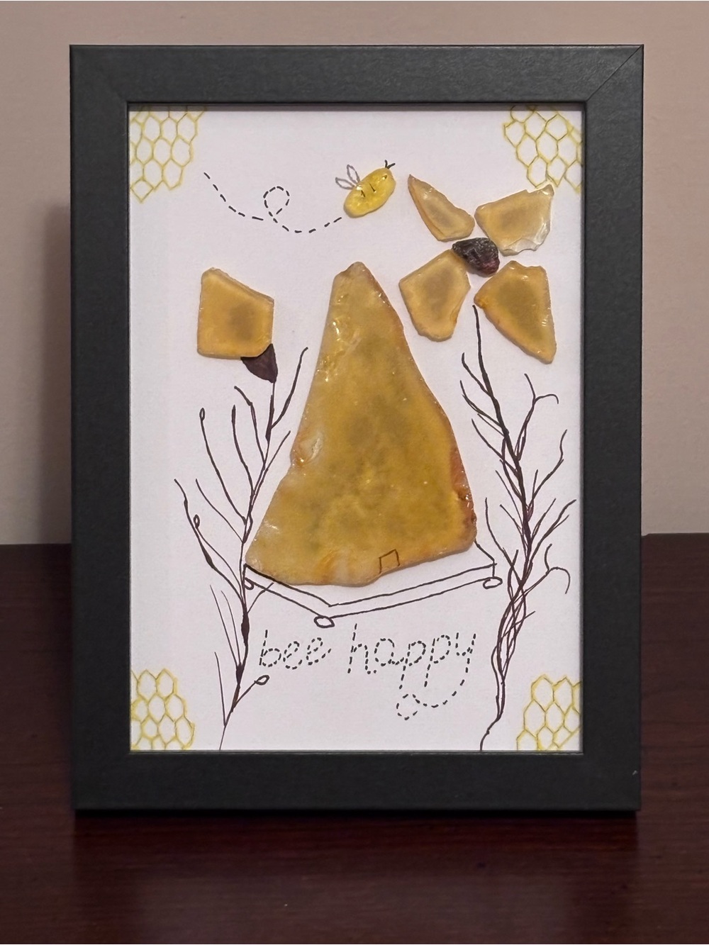 Artisan Yellow Sea Glass Bee & Hive Mixed Media Art